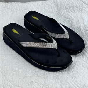 Volatile Women Black Rhinestone Wedge Vacation Beach Pool Summer Sandals Size 10